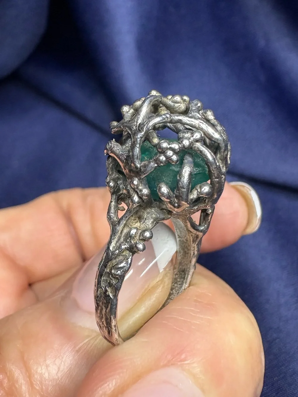 Ring Artisan Sterling Silver Cage Gorgeous Kashmir Emerald Gemstone